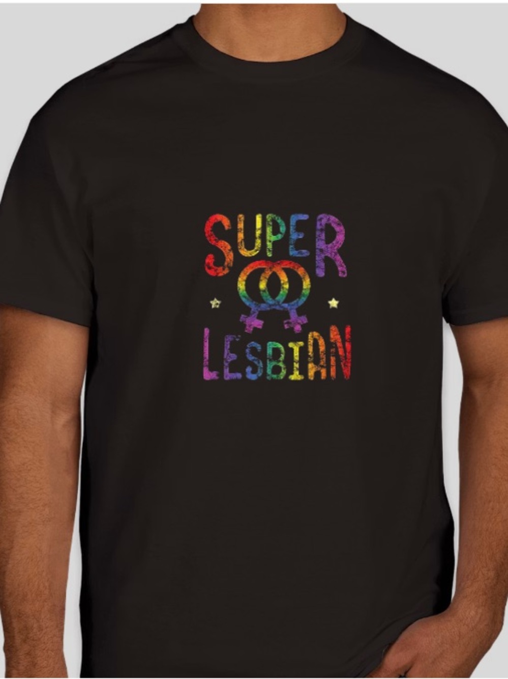 Black Short Sleeve Tee with Rainbow 'Super Lesbian' Graphic